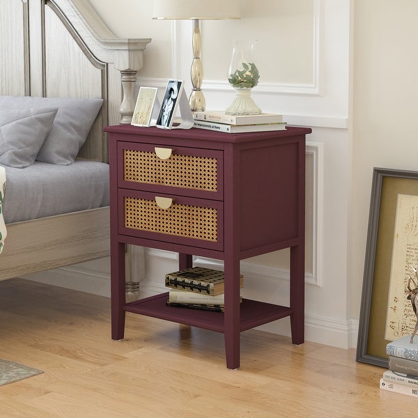 Wooden End Table with 2 Drawers Made Of Rattan