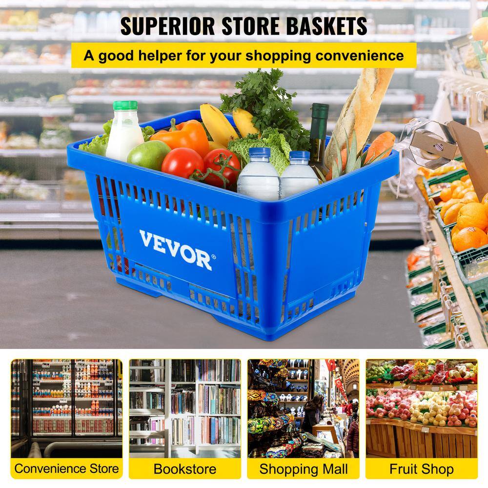 VEVOR Shopping Baskets 16.9 in. x 11.8 in. x 8.7 in. Blue Store Baskets with Plastic Handle and Iron Stand (Set of 12) SLSBGWLDZJL12AFKEV0