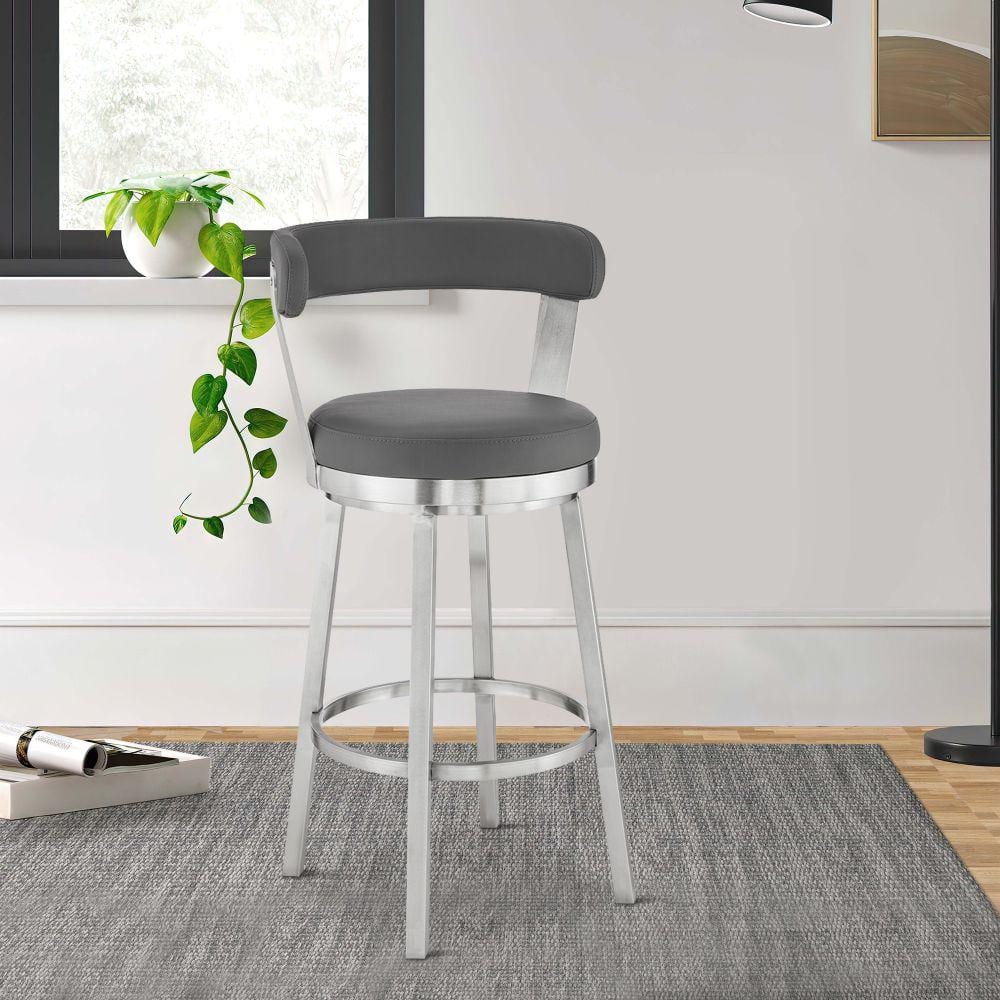 Benjara 40 in. Light Gray Faux Leather Bar Height Swivel Stool with Steel Legs with Metal Frame BM283295