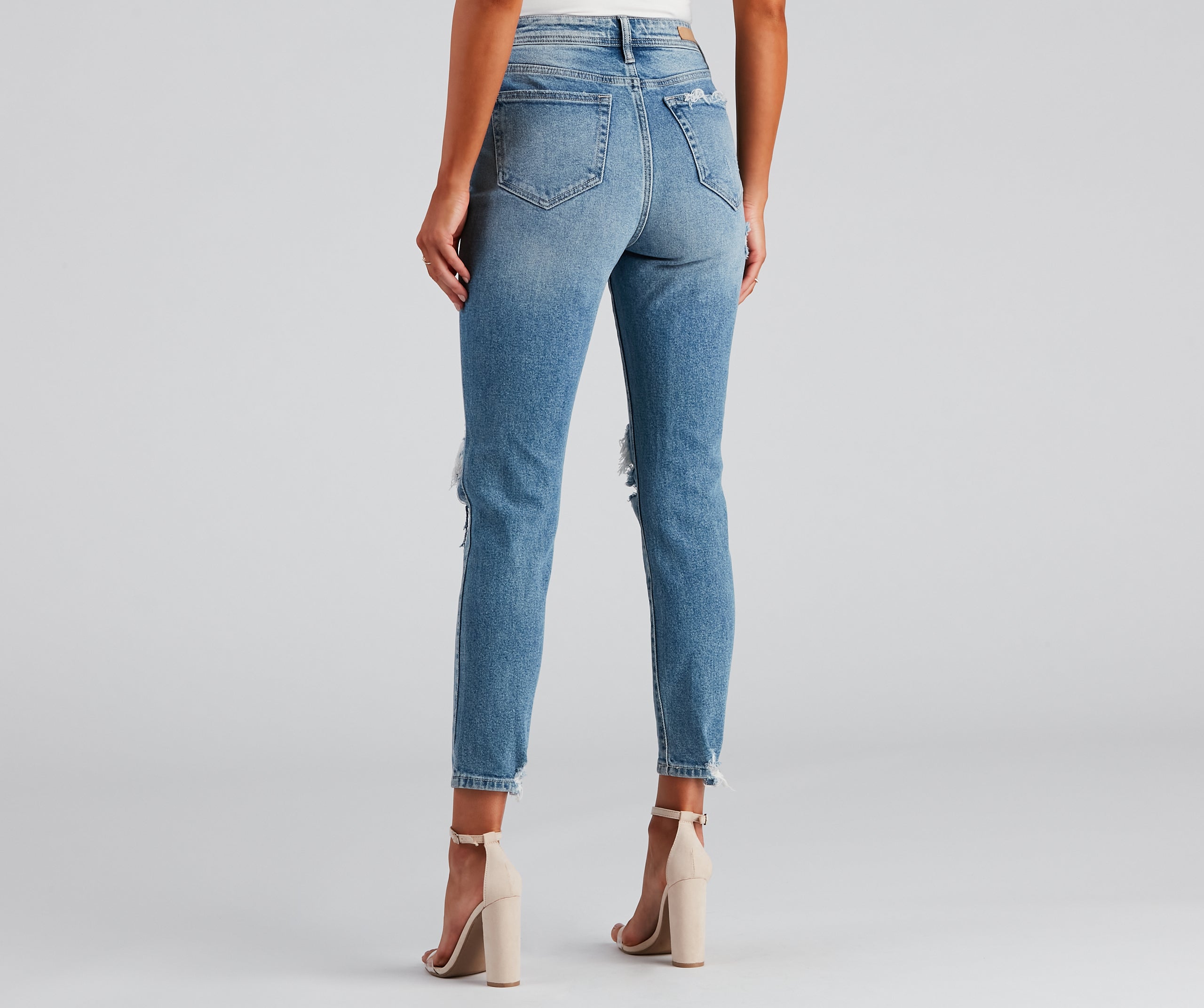 High-Rise Distressed Mom Skinny Jeans