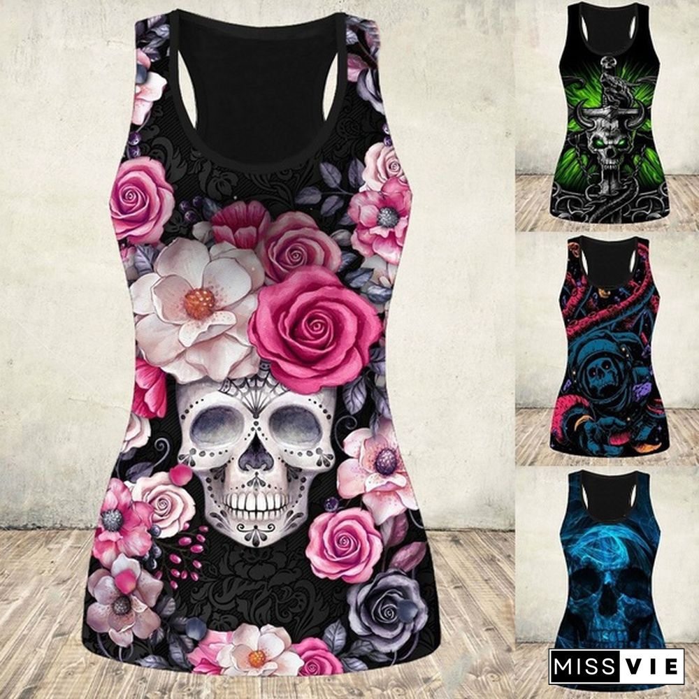 Women's Fashion 3D Skull Print Hollow Out Tank Top Summer Sleeveless Graphic Punk Shirt Slim Fit Cotton Gothic Tee Tops Plus Size Vest XS-8XL