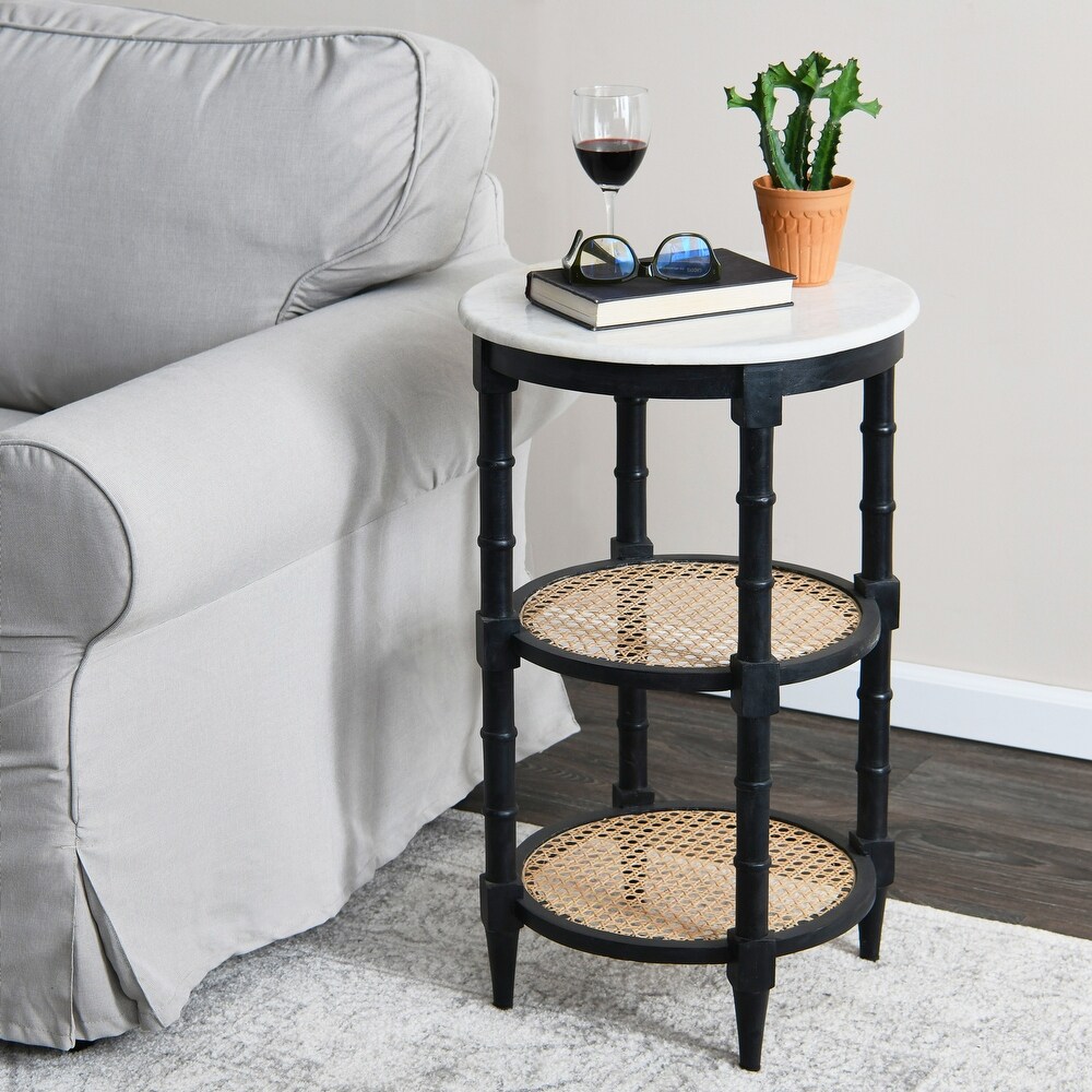 End Table with Genuine Marble Top and 2 Woven Cane Storage Shelves