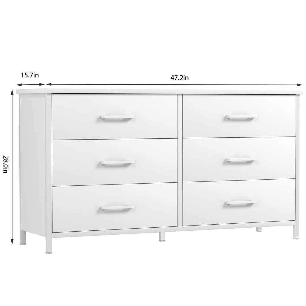 6 Drawer White Dresser  Industrial Wood Dresser for Bedroom  Sturdy Steel Frame