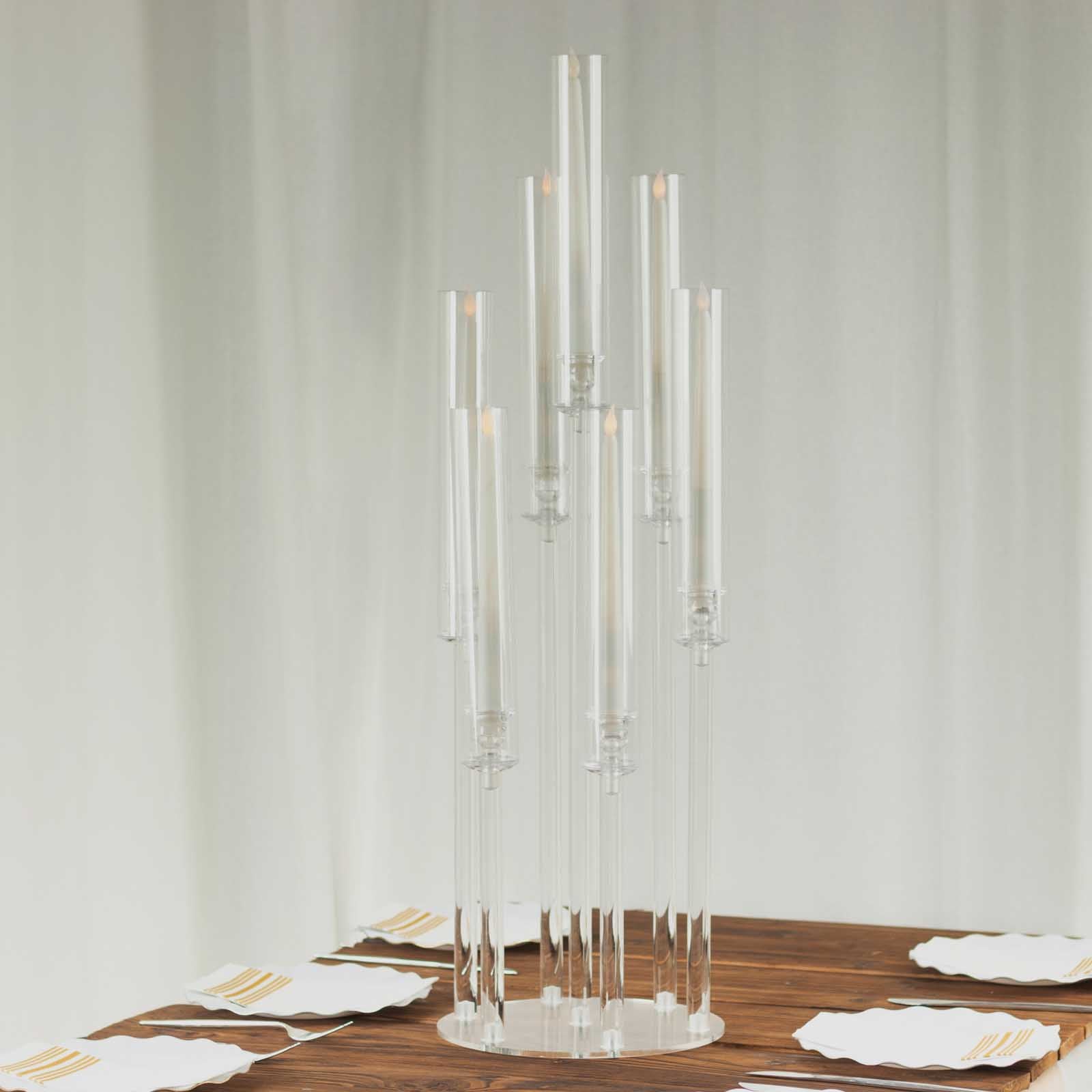 7 Arm Clear Acrylic Cluster Round Taper Candle Holder Candelabra, Pillar Candle Stick Stand With Circular Base - 33