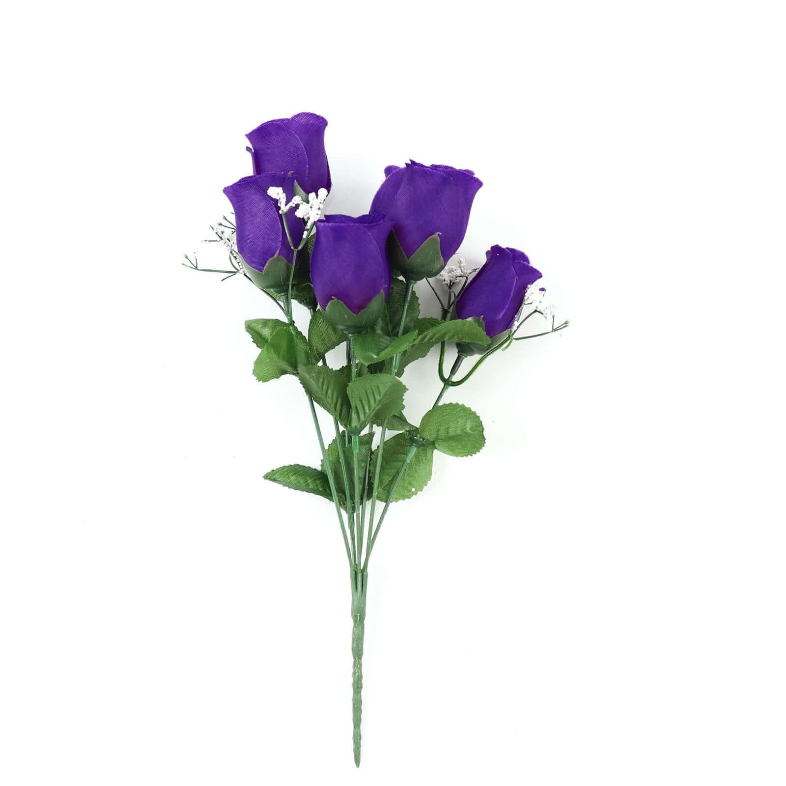 12 Bushes Purple Artificial Premium Silk Flower Rose Bud Bouquets