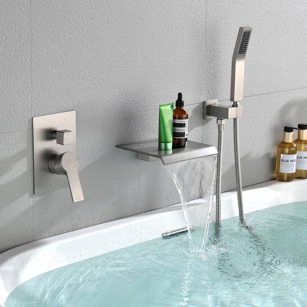 WATWAT Jewelry Single-Handle Wall Mount Roman Tub Faucet with Hand Shower in Brushed Nickel (Ceramic Valve Included) SMD0JE220804015