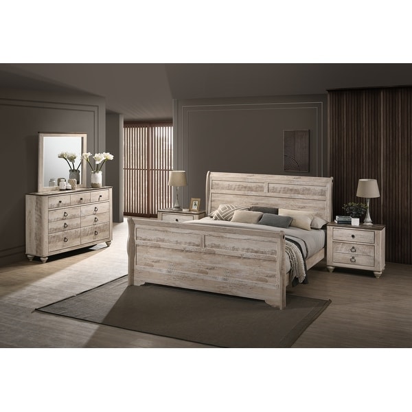 Roundhill Furniture Imerland Contemporary White Wash Finish Bedroom Set with Sleigh Bed， Dresser， Mirror， Two Nightstands - - 32524438