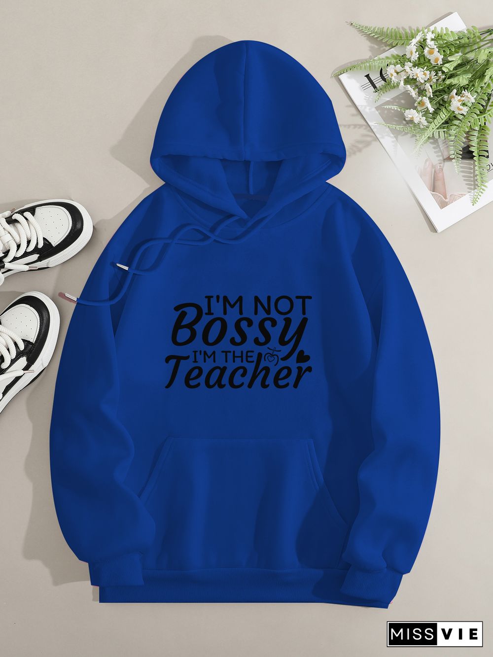 Printed on front Kangaroo Pocket Hoodie Long Sleeve for Women Pattern I'm not a bossy teacher