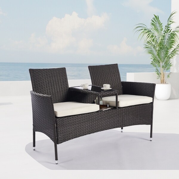 1-Pieces Outdoor Patio Garden Furniture Set for 2， PE Rattan Wicker Conversation Sofa Set with Cushions and Tempered Glass Table - Overstock - 37476126