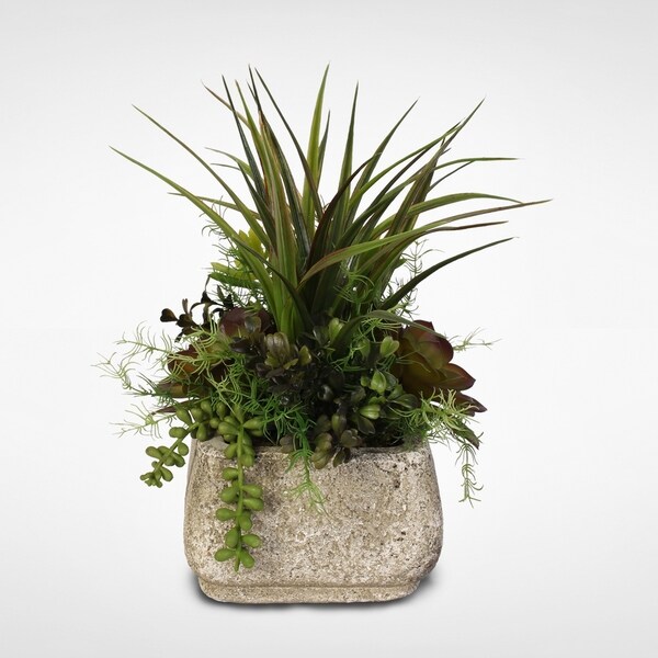 Silk Succulent Arrangement With Grass in a Stone Pot