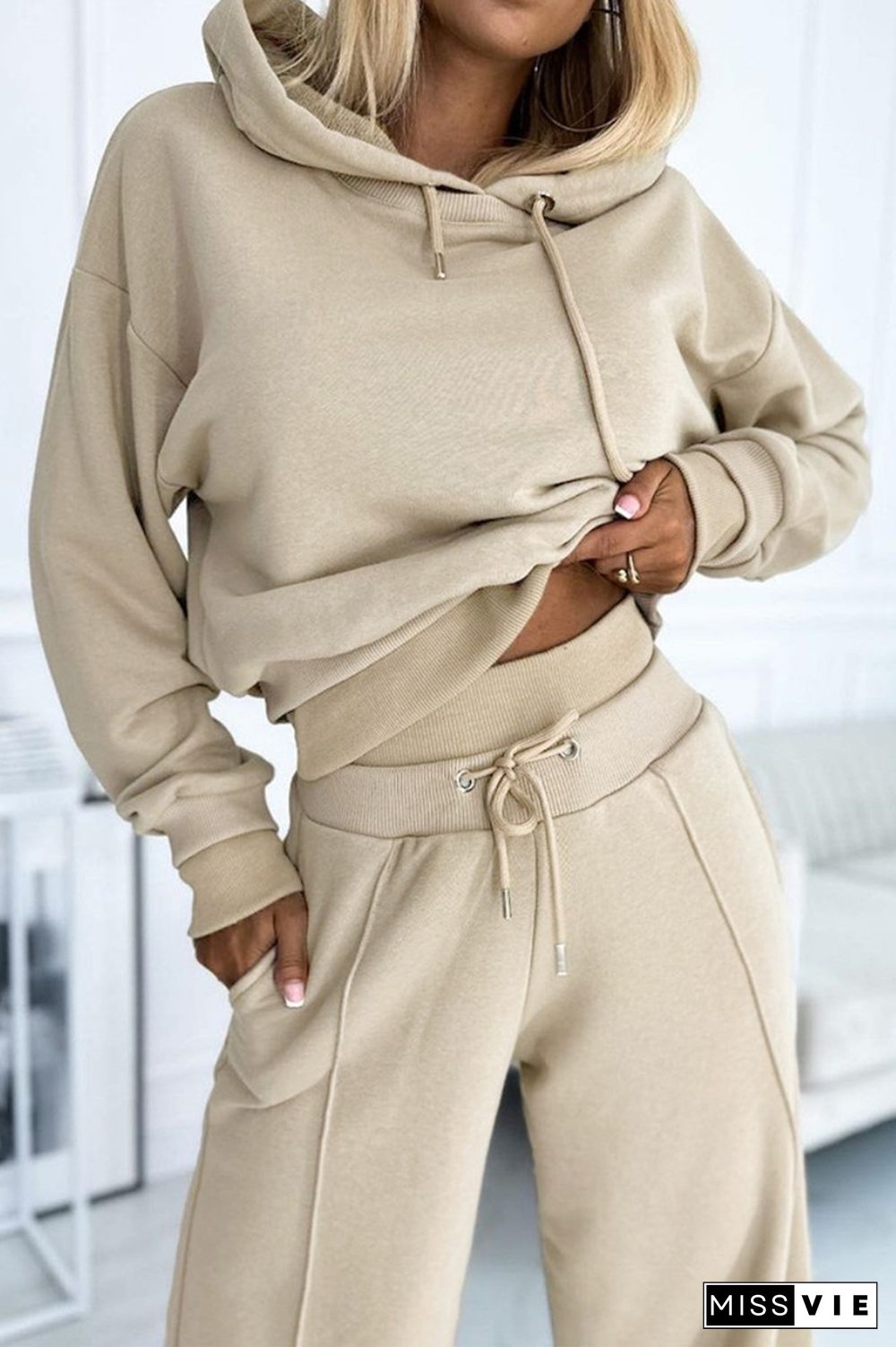 Colorblock Drawstring Hoodie & Wide Leg Pants Set