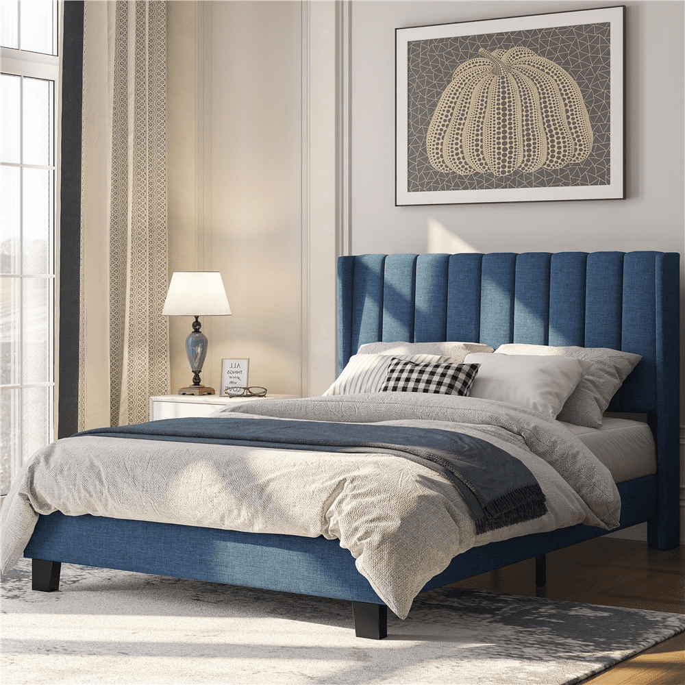 Yaheetech Upholstered Wingback Platform Bed with Support and Mattress Foundation, Full Size, Navy Blue