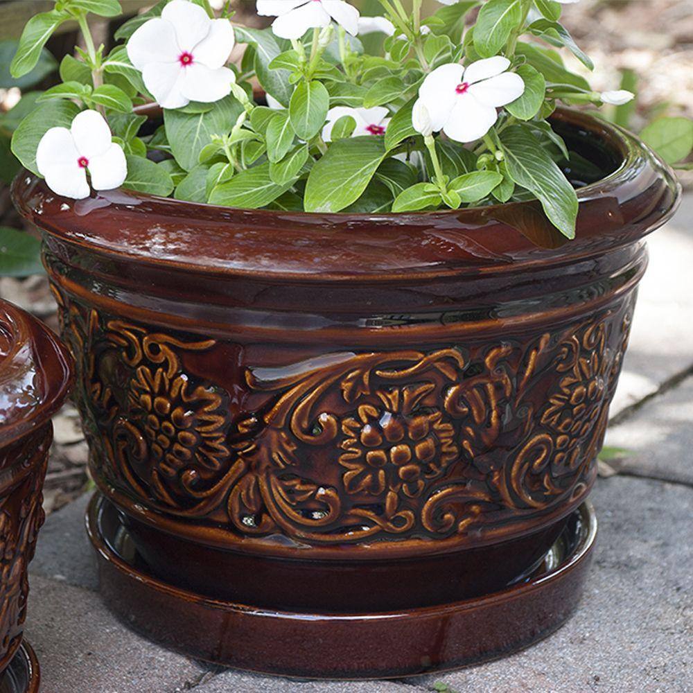 Trendspot 10 in. Dia Brown Rustic Damask Ceramic Planter LJ0108-10