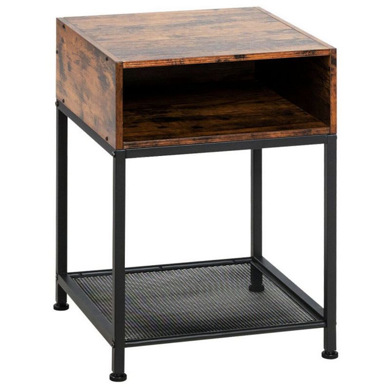 Hivago Industrial Nightstand End Side Table with Mesh Shelf