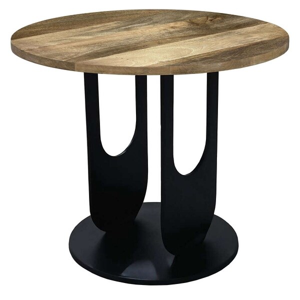 22 Inch Side End Table，Round Natural Mango Wood Top，Black Iron U Shaped Legs