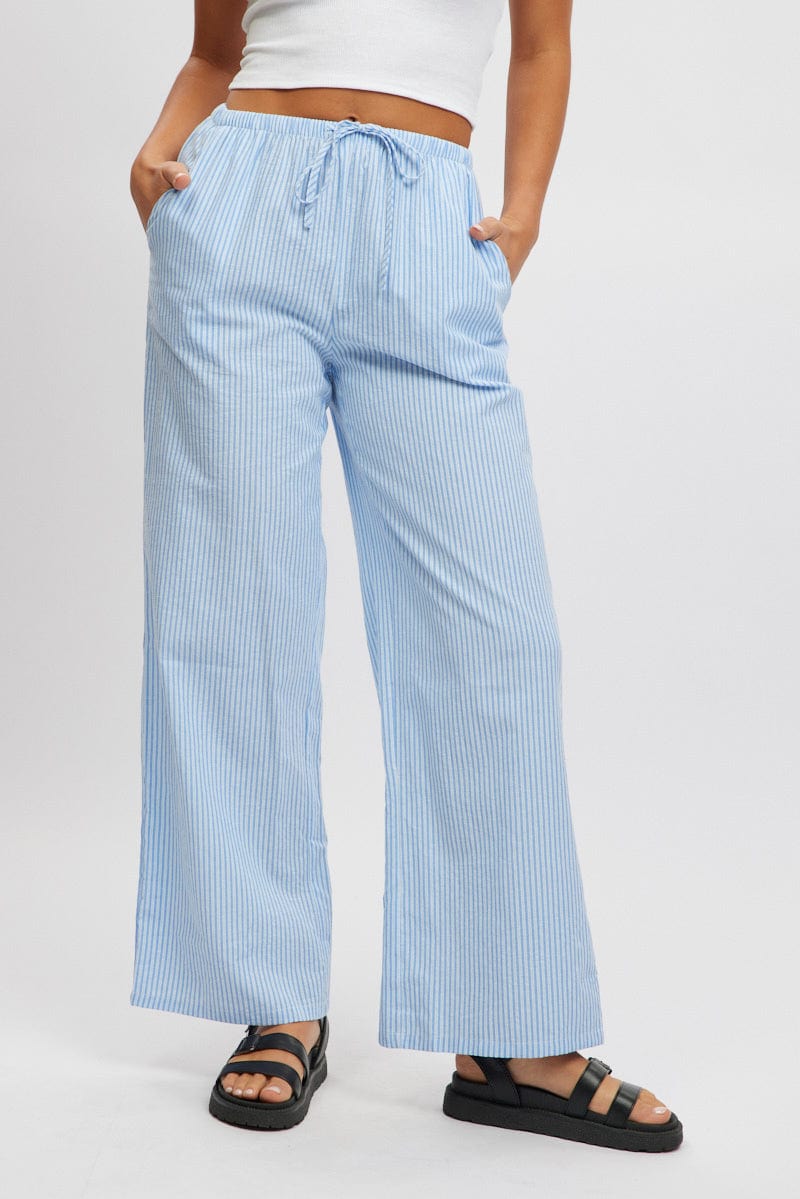 Blue Stripe Wide Leg Pants High Rise