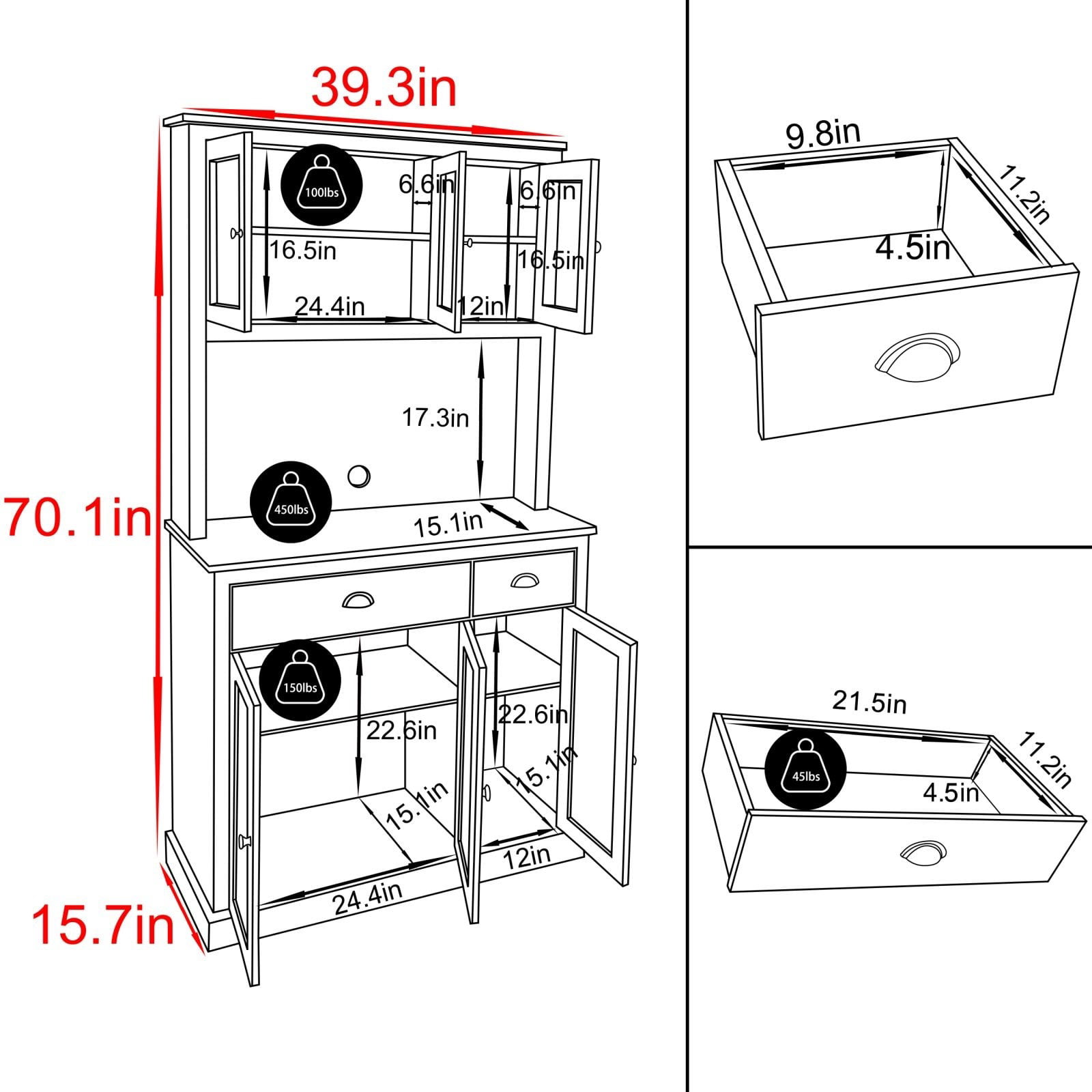 VEIKOUS  Kitchen Pantry Cabinet Storage Hutch with Microwave Stand and Shelves White