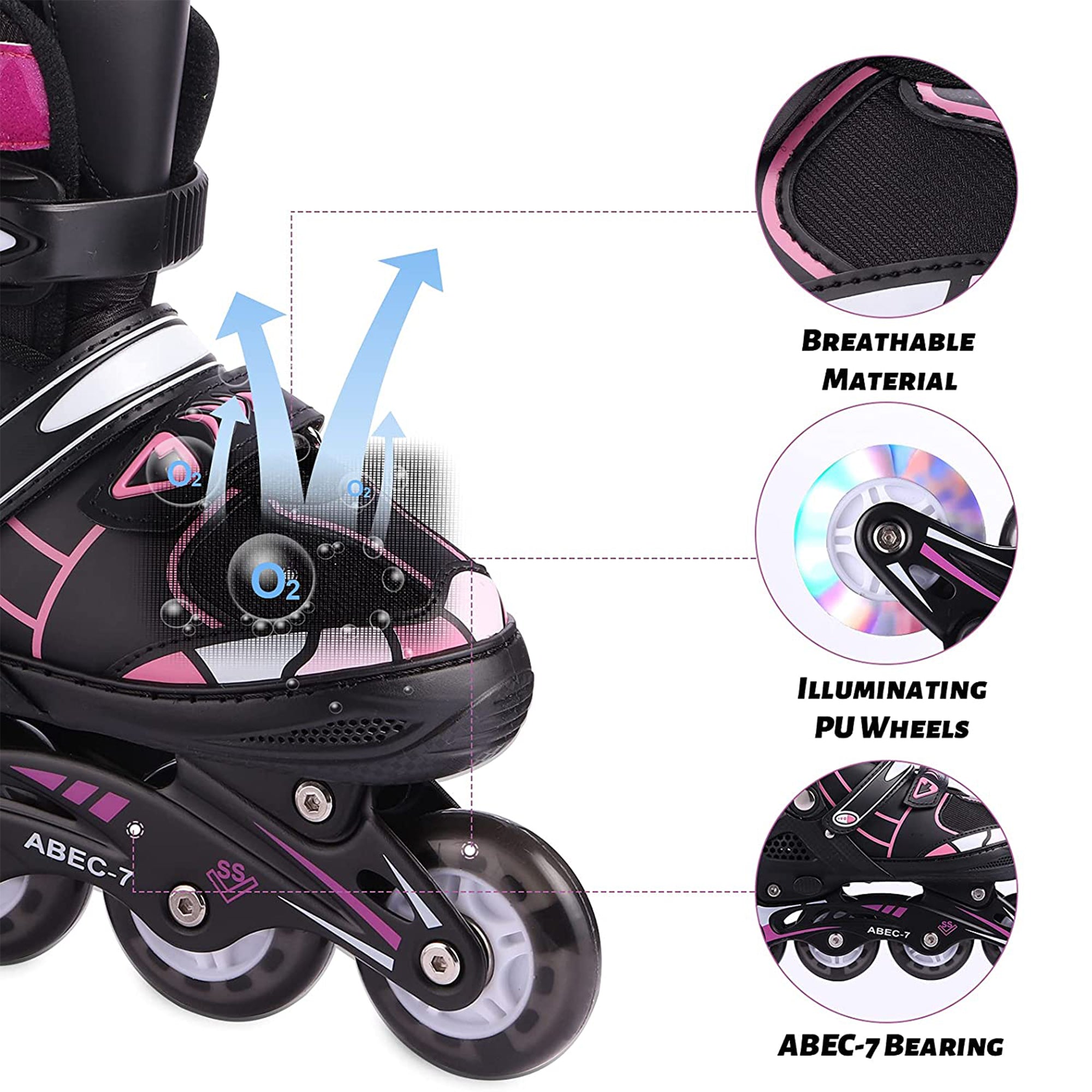 Adjustable Blades Inline Skates with Light up Wheels Beginner Artificial Leather Rollerblades Fun Illuminating Roller Skates for Kids Boys and Girls