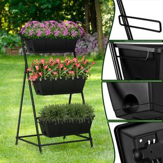 Oumilen 3-Tier Vertical Planter Elevated Herb Planter with Drainage Holes Removable Tray for Patio Balcony Porch Plastic Black HD-481-WELA