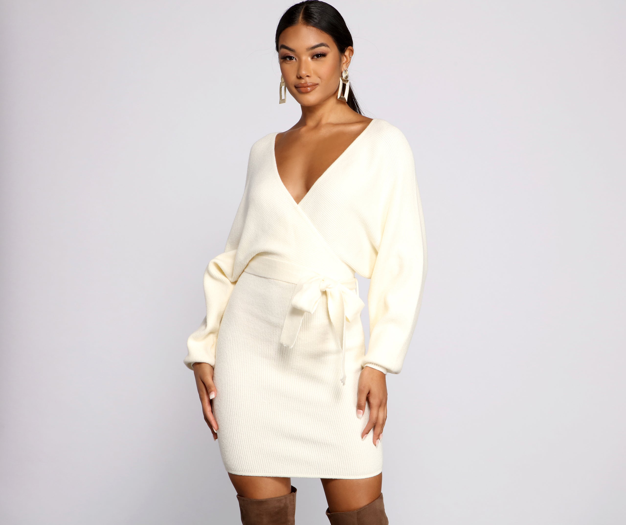 Tie Front Wrap Mini Sweater Dress