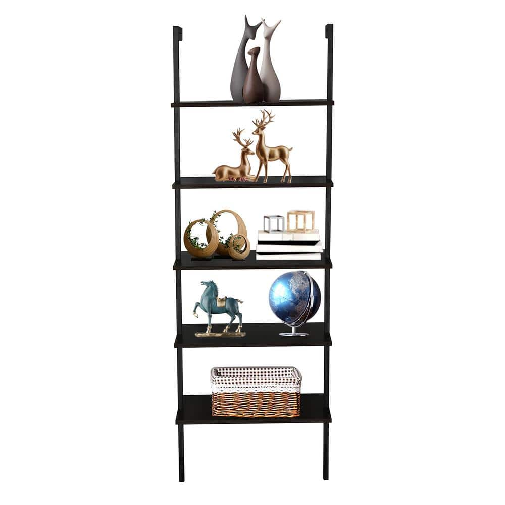 Karl home Industrial 72 in. Dark Walnut MDF 5-Shelf Ladder Bookcase with Metal Frame 302589548035