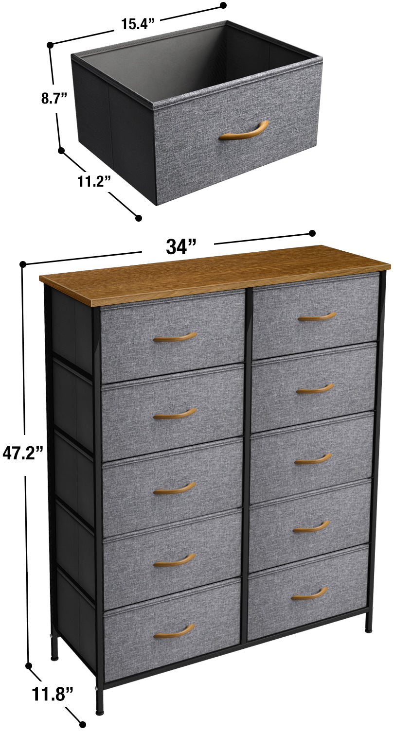 Sorbus Dresser with 10 Drawers - Storage Unit Organizer Chest for Clothes - Bedroom, Hallway, Living Room, Closet, & Dorm Furniture - Steel Frame, Wood Top, and Easy Pull Polyester Fabric Bins