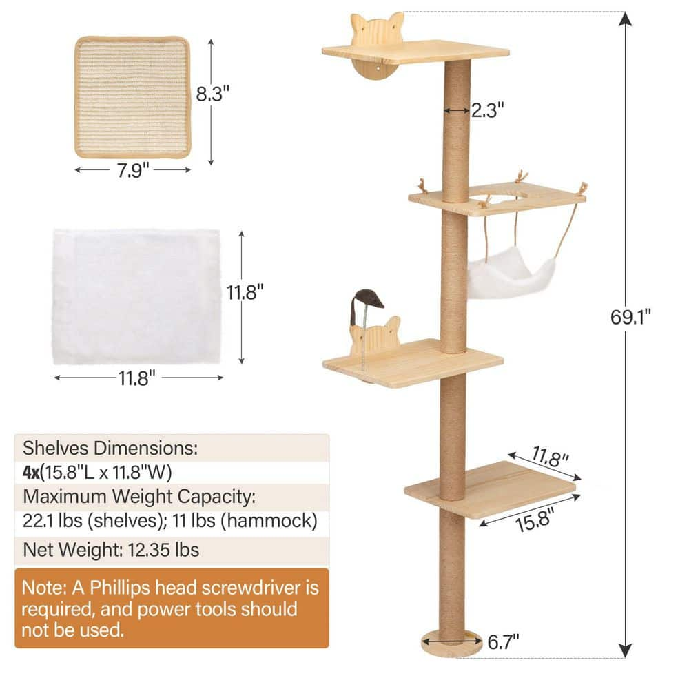 Wall-Mounted Cat Scratching Pad for Small to Large Cat, Indoor Wood Cat Tree with Hammock, Cat Scratcher Perch H-D0102H94PUW