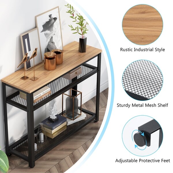 Console Table， Entryway Hallway Table with 2 Mesh Storage Shelves，Sofa Table Behind Couch