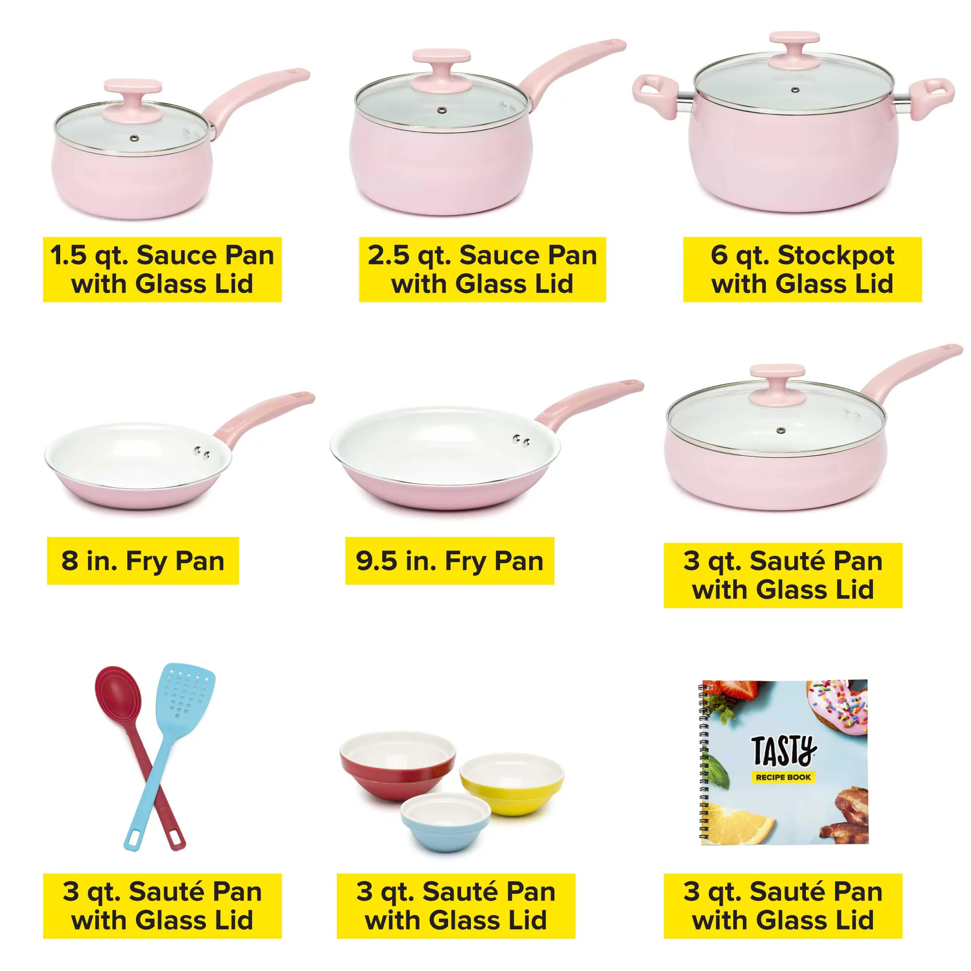 Tasty Ceramic Titanium-Reinforced Cookware Set， Pink， 16 Piece