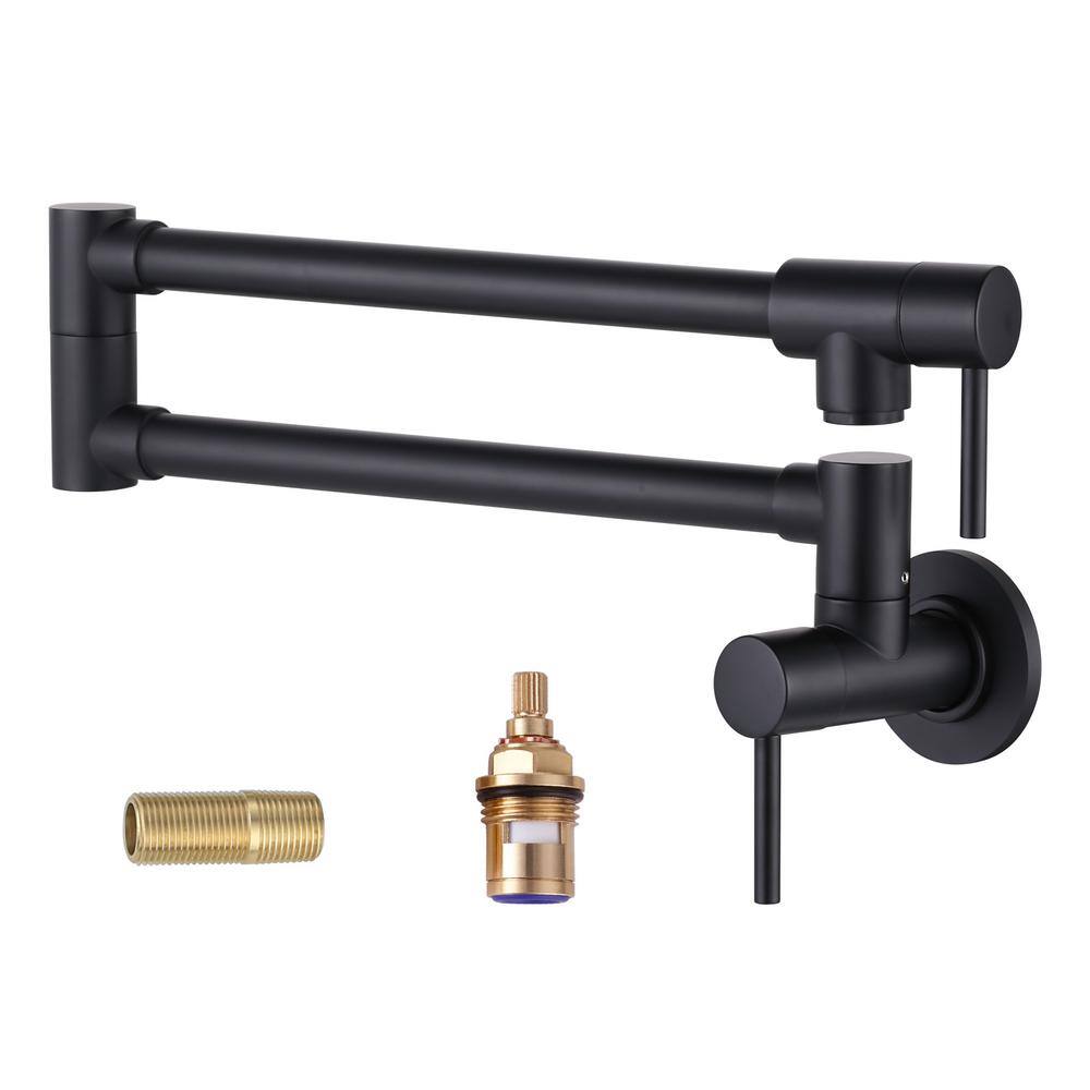 WOWOW Wall Mounted Pot Filler with Double Handle in Matte Black 2314600B-BHHD