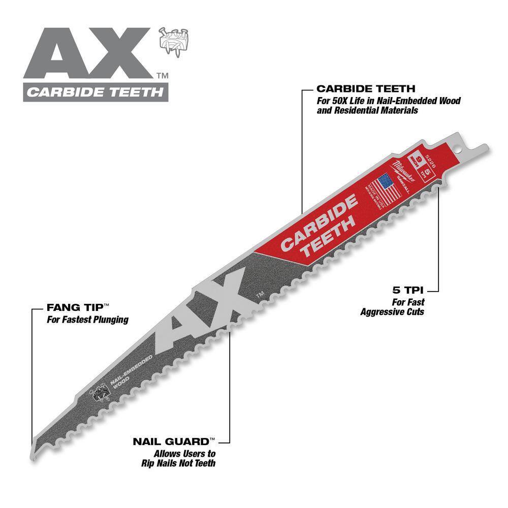 MW M18 18-Volt Lithium-Ion HIGH OUTPUT CP 3.0 Ah Battery Pack (2-Pack) w9 in. 5 TPI AX Carbide Reciprocating Saw Blade 48-11-1837-48-00-5226