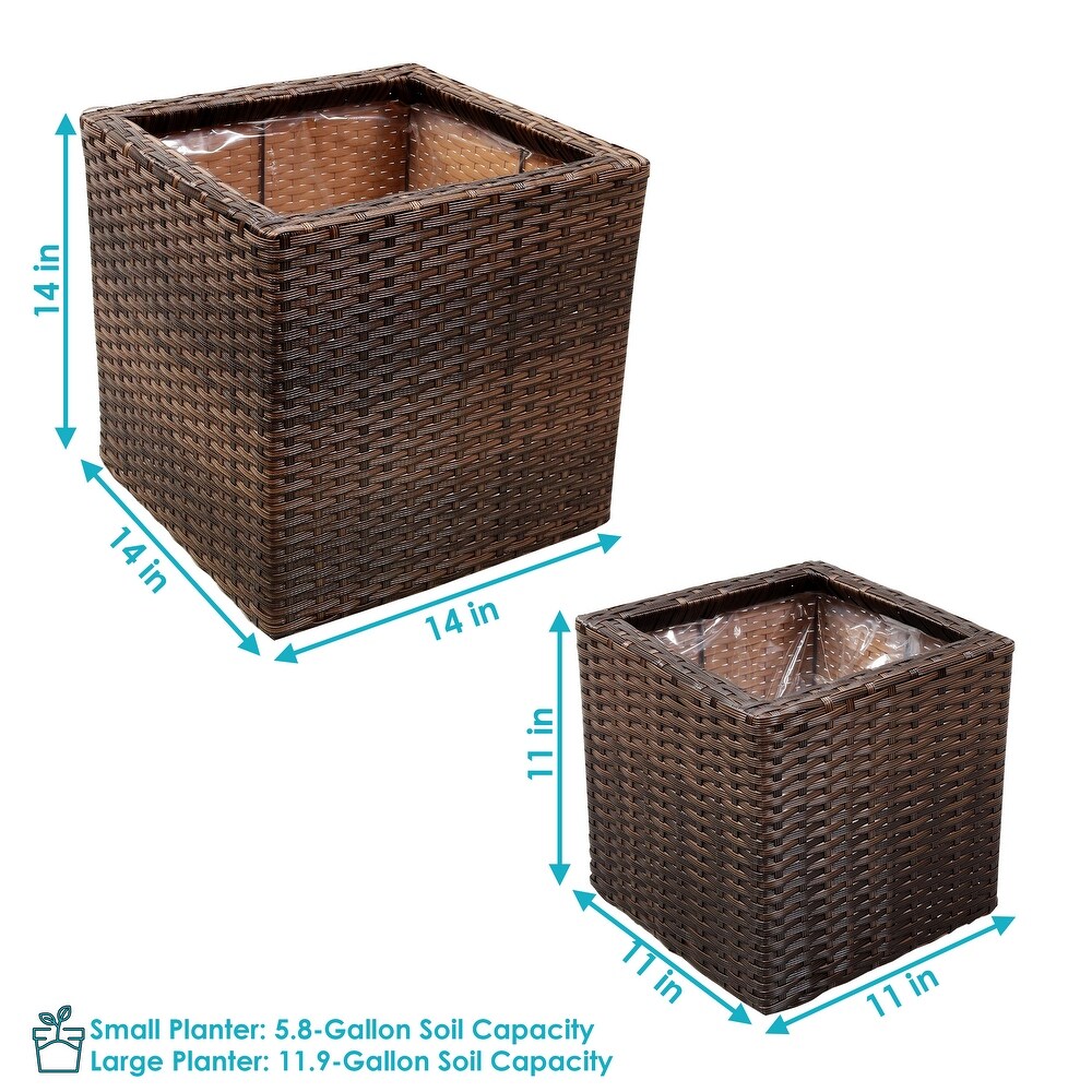 Sunnydaze Square Polyrattan Indoor Planters   1 Large/1 Small Planter