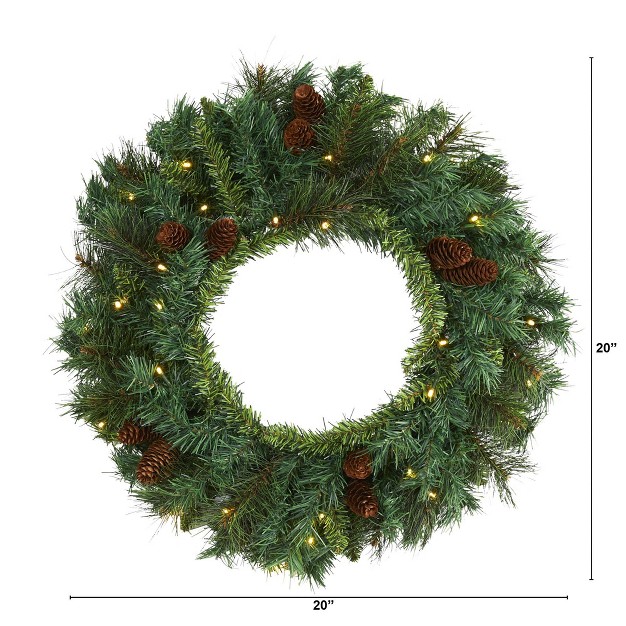 Nearly Natural 20 Mixed Pine And Pinecone Artificial Christmas Wreath With 35 Clear Led Lights