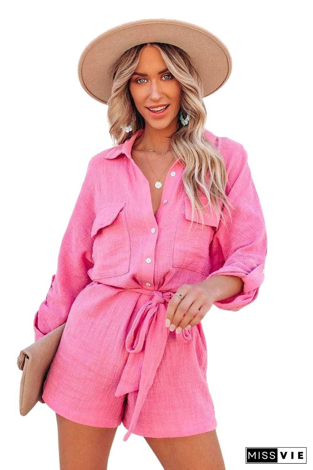 Rose Roll Tab Sleeve Button Shirt Style Belted Romper