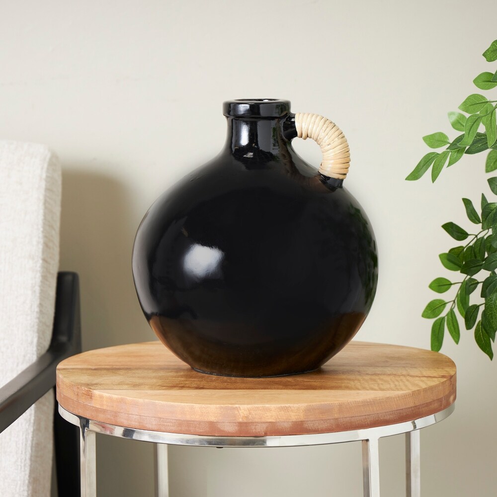 Black Ceramic Jug Inspired Vase with Rattan Wrapped Handle