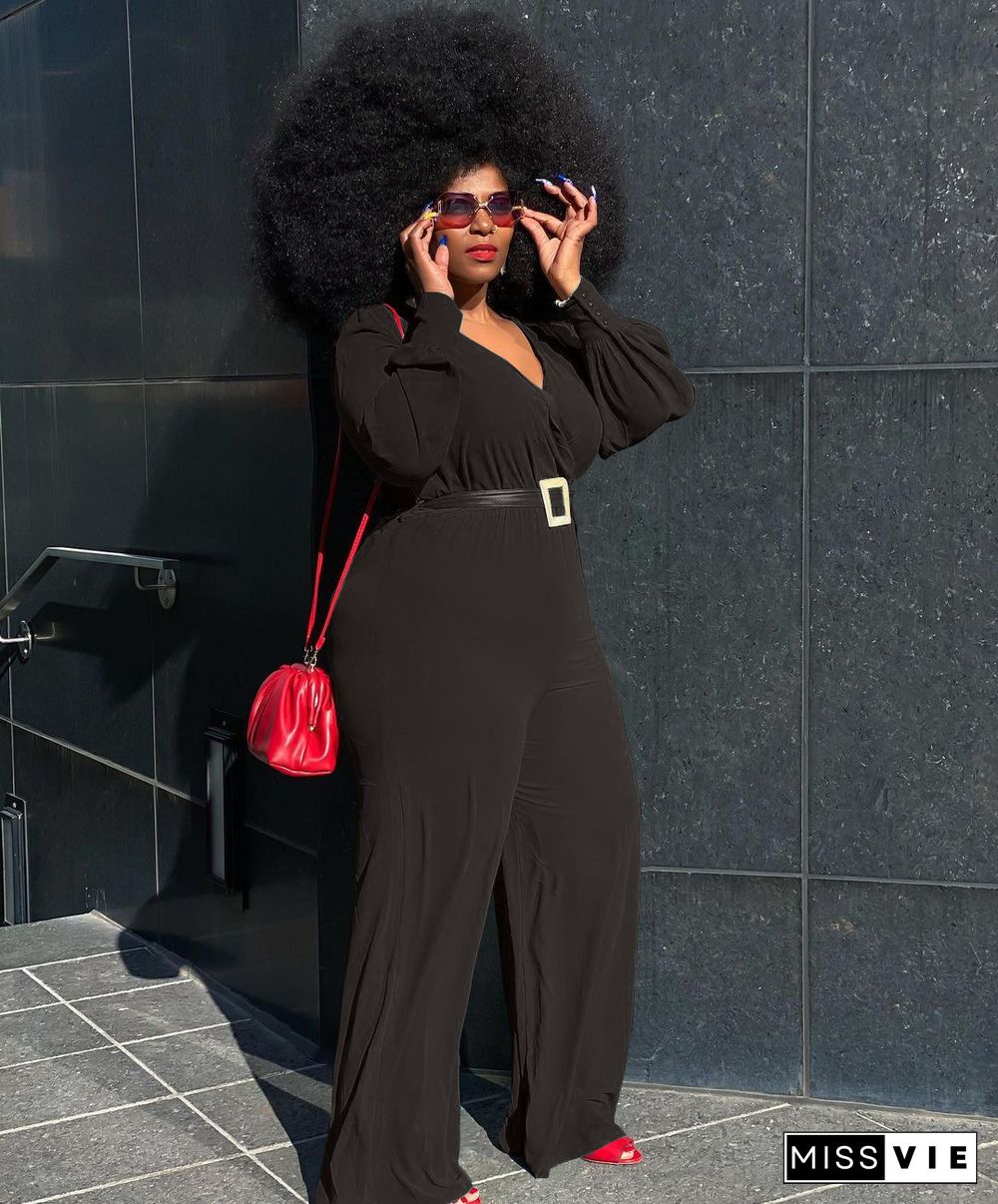 Long Sleeve V-neck Plus Size Wide Leg Jumpsuit