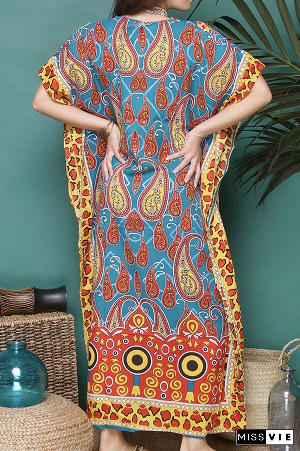 V Neck Ethnic Print Kimono Cover Up Dress