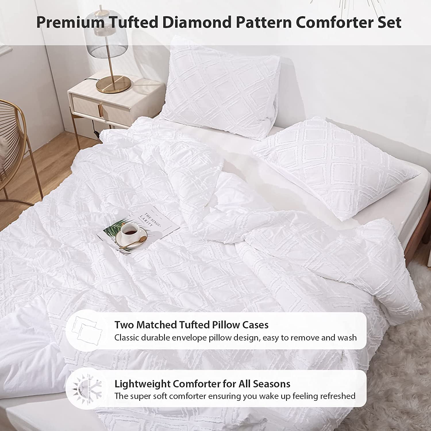 LUCKYBULL Tufted Comforter Set 3 Pieces Full Size Bed Comforter Set Jacquard Embroidery Diamond Geometric Design Soft Lightweight Shabby Chic Bedding Set for All Seasons， White 79''x90''