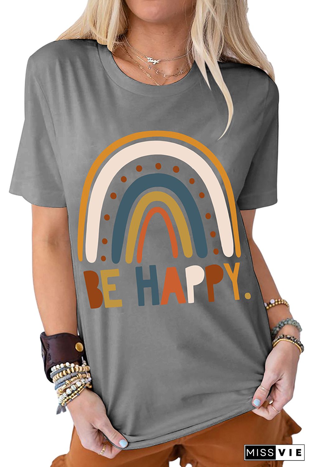 Be Happy Print Graphic Tees for Women Wholesale Short Sleeve T shirts Top