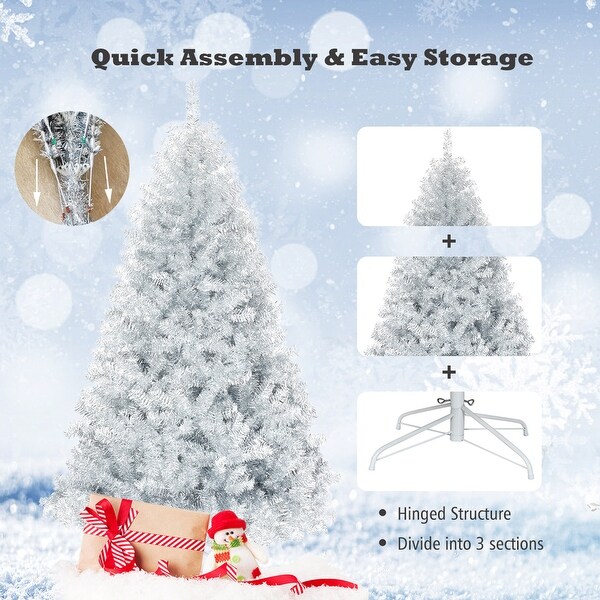 Gymax 6 FT Silver Tinsel Christmas Tree Artificial Hinged Tree Holiday