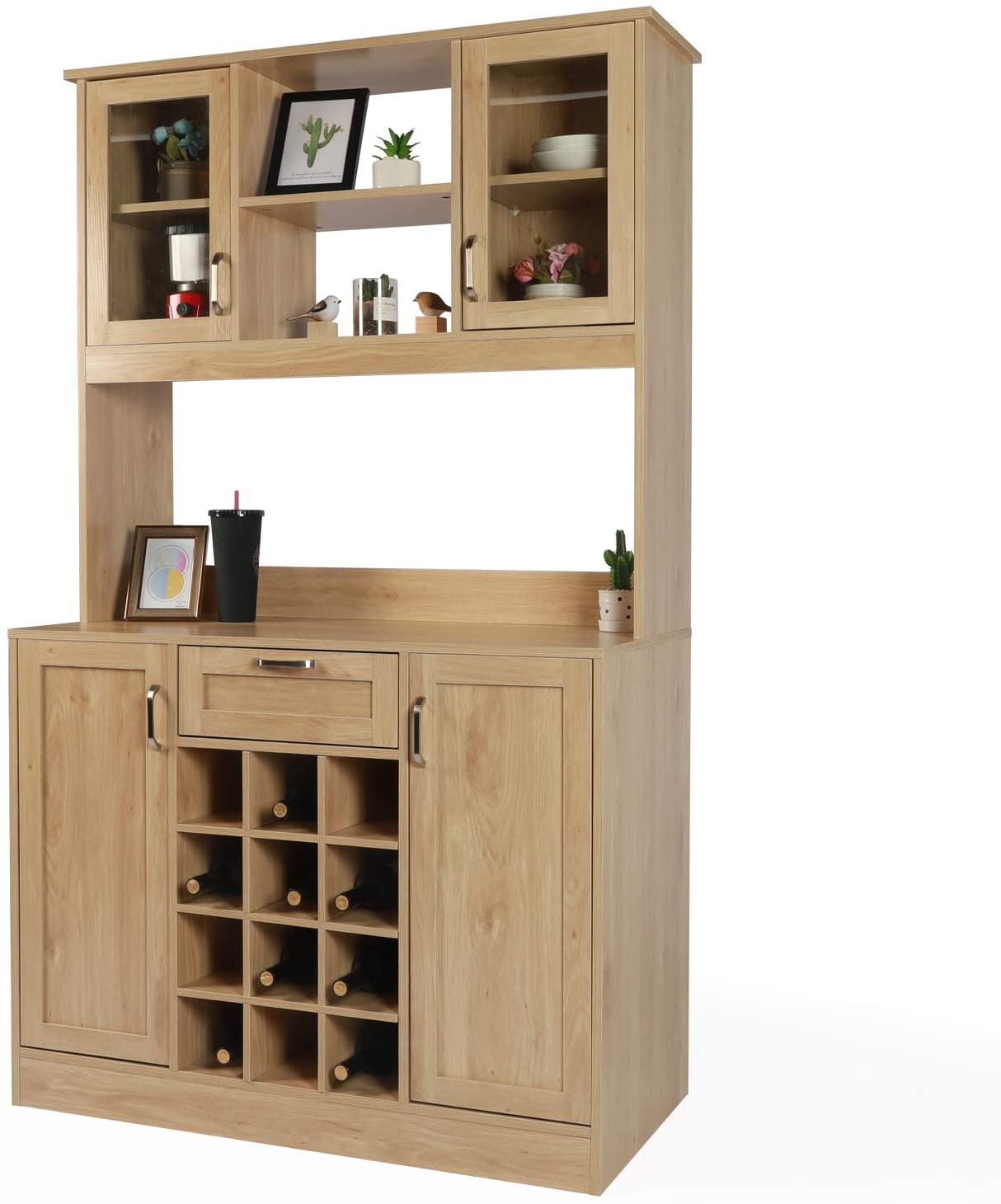 Coewske 71 Tall Kitchen Pantry Storage Cupboard with Wine Rack Drawer Natural