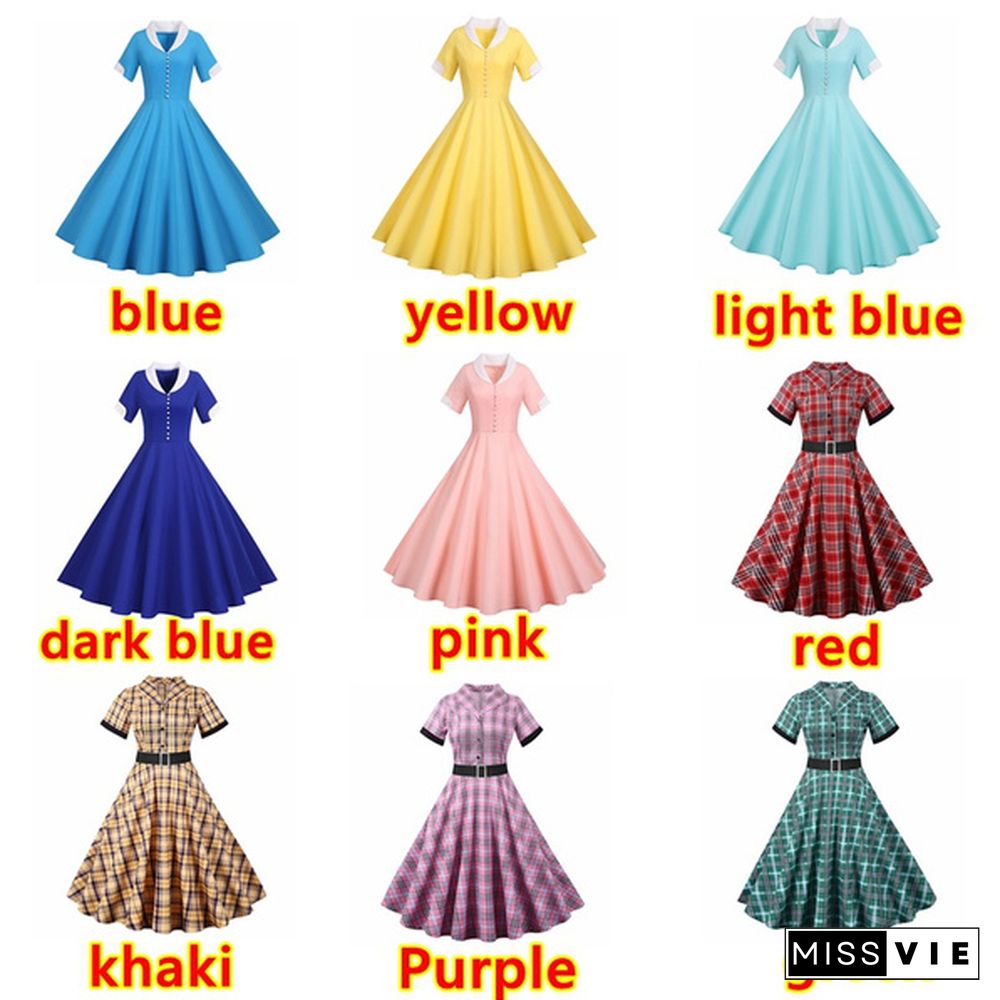 Women Retro Elegant Dress Vintage Style Party Dress Fashion Short Sleeve Casual Chiffon Swing Dress For Girls Robe De Femme Vestido De Mujer