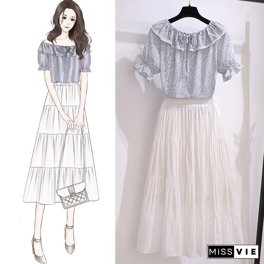 Off Shoulder Chiffon Tee+Skirt P13580