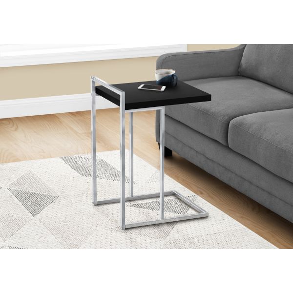 Accent Table， C-shaped， End， Side， Snack， Living Room， Bedroom， Black Laminate， Chrome Metal， Contemporary， Modern