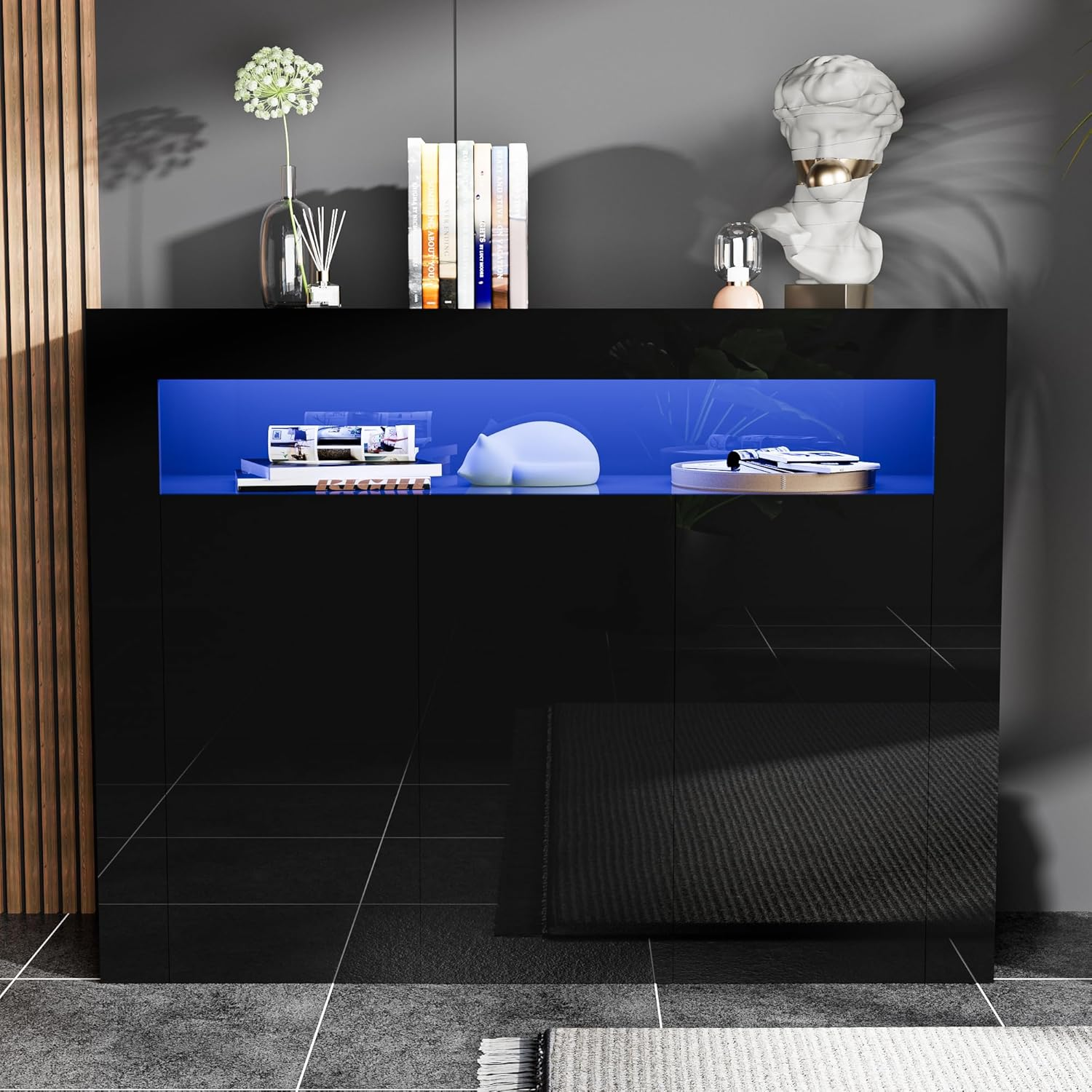 High Glossy Buffet Cabinet Sideboard Storage Cabinet Bar Cabinet with LED Lights Adjustable Shelf and 3 Doors