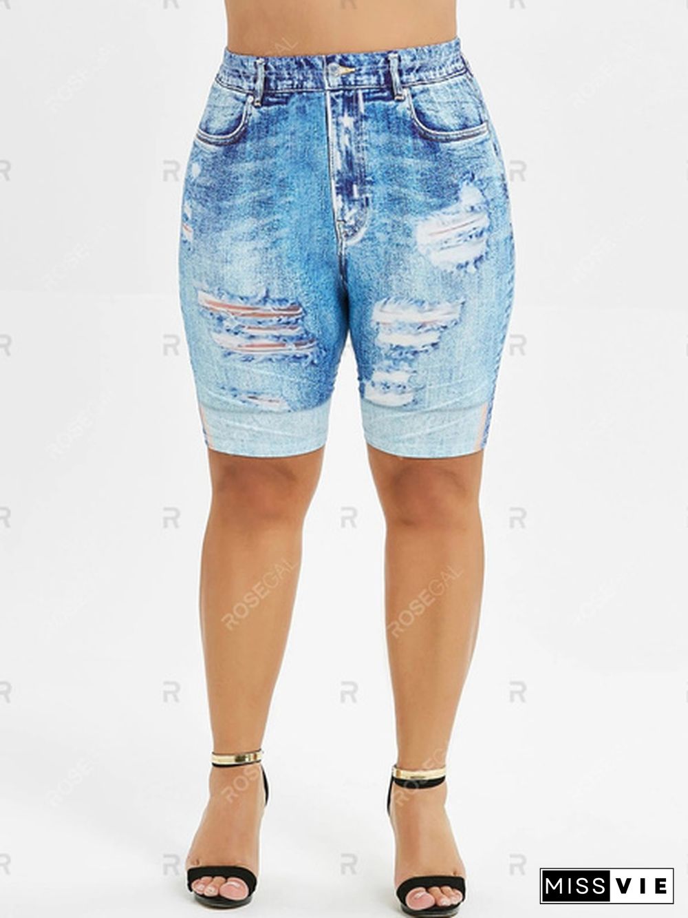 Plus Size Mini Leggings Faux Denim Pants Women Ladies Fashion Shorts Ripped Skinny Jean Print