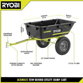 RYOBI 500 lb. 7.5 cu. ft. Tow-Behind Utility Dump Cart with Universal Hitch for Riding Mower Lawn Tractor  Zero Turn Mower ACRM025