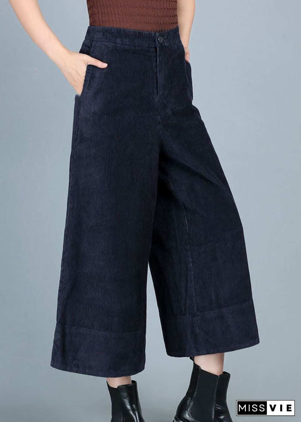 Chic Blue Pockets Button Straight Fall Pants