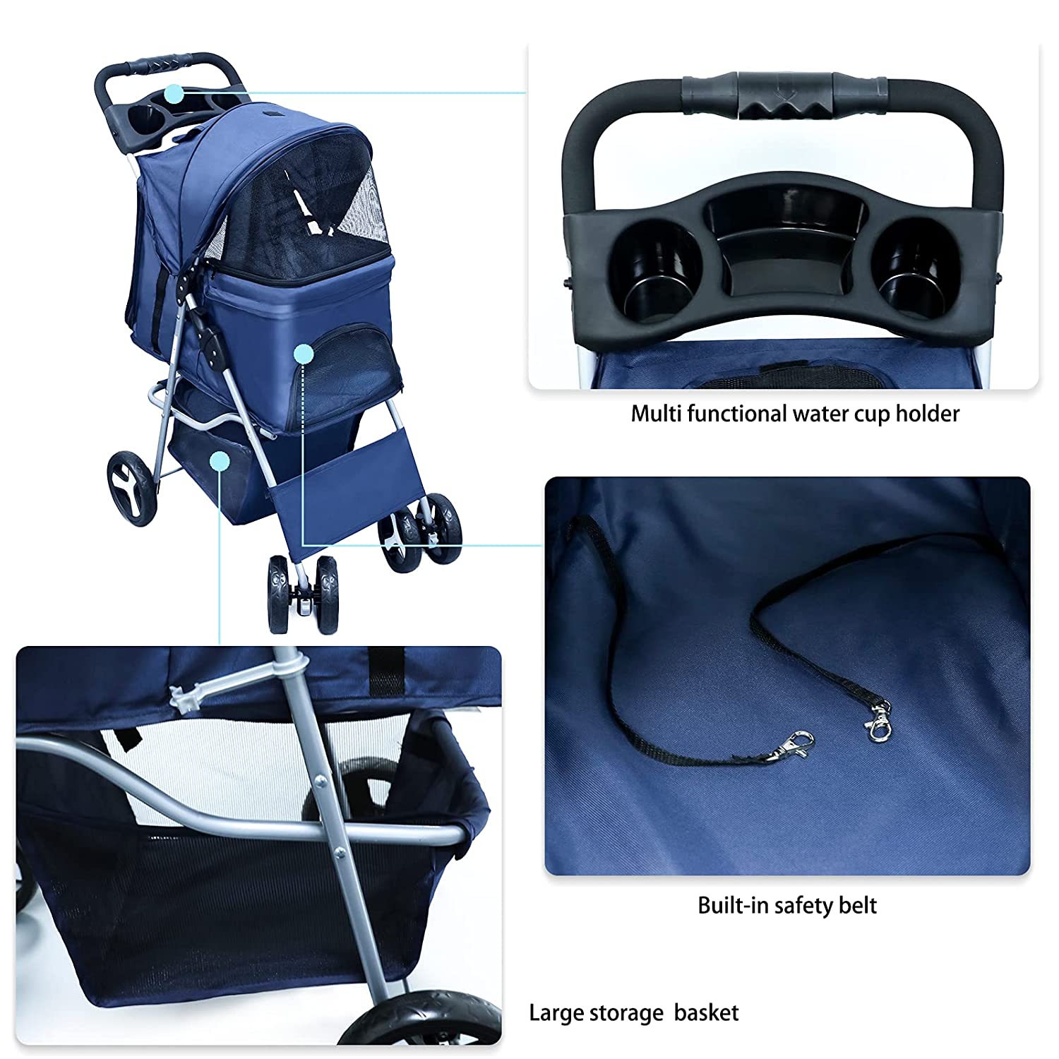 Maylai Pet Stroller for Small Cat/Dog - Lightweight Foldable with Storage Basket and Cup Holder (Navy Blue)