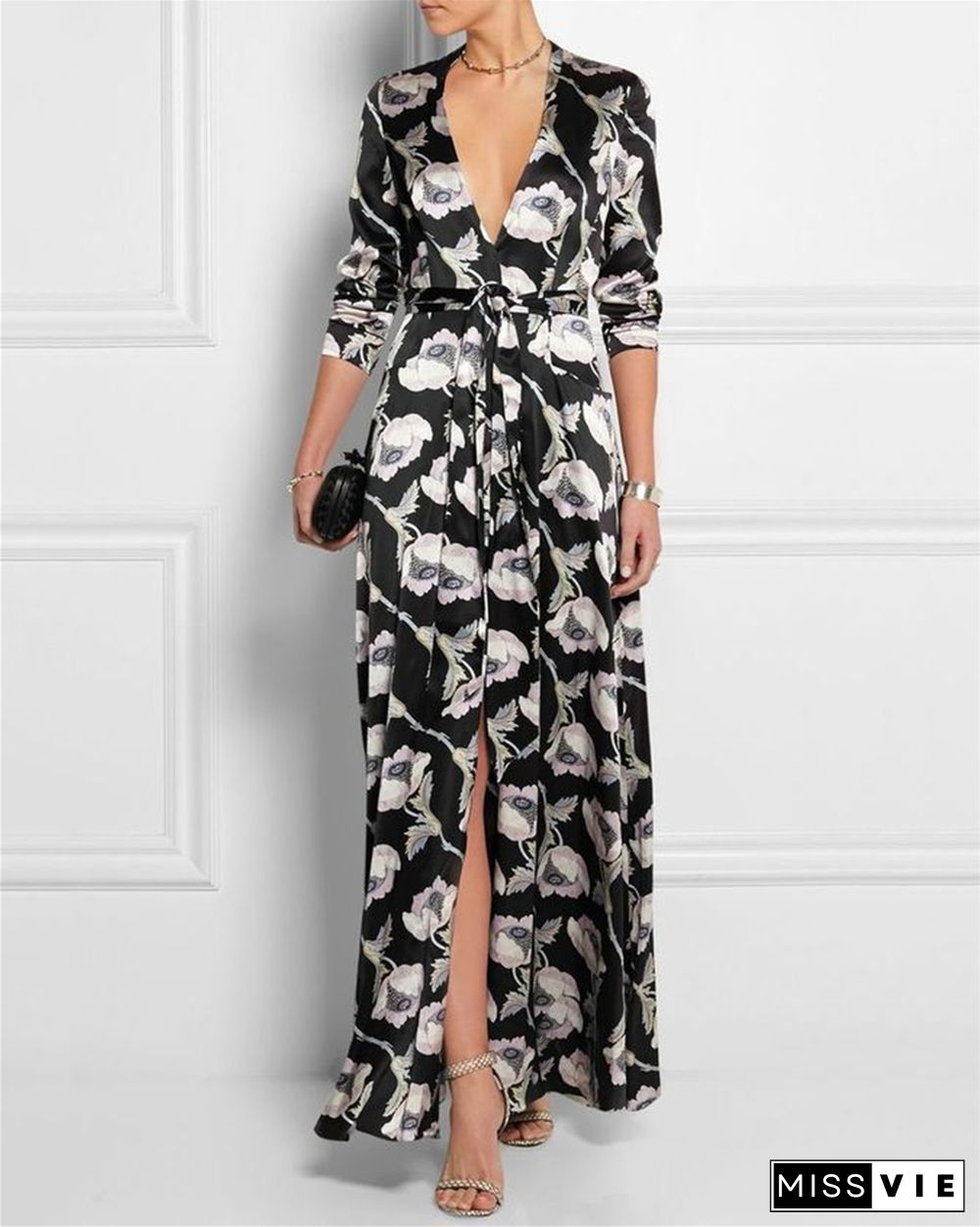 Women's V-neck Floral Print Slit Dress - 01